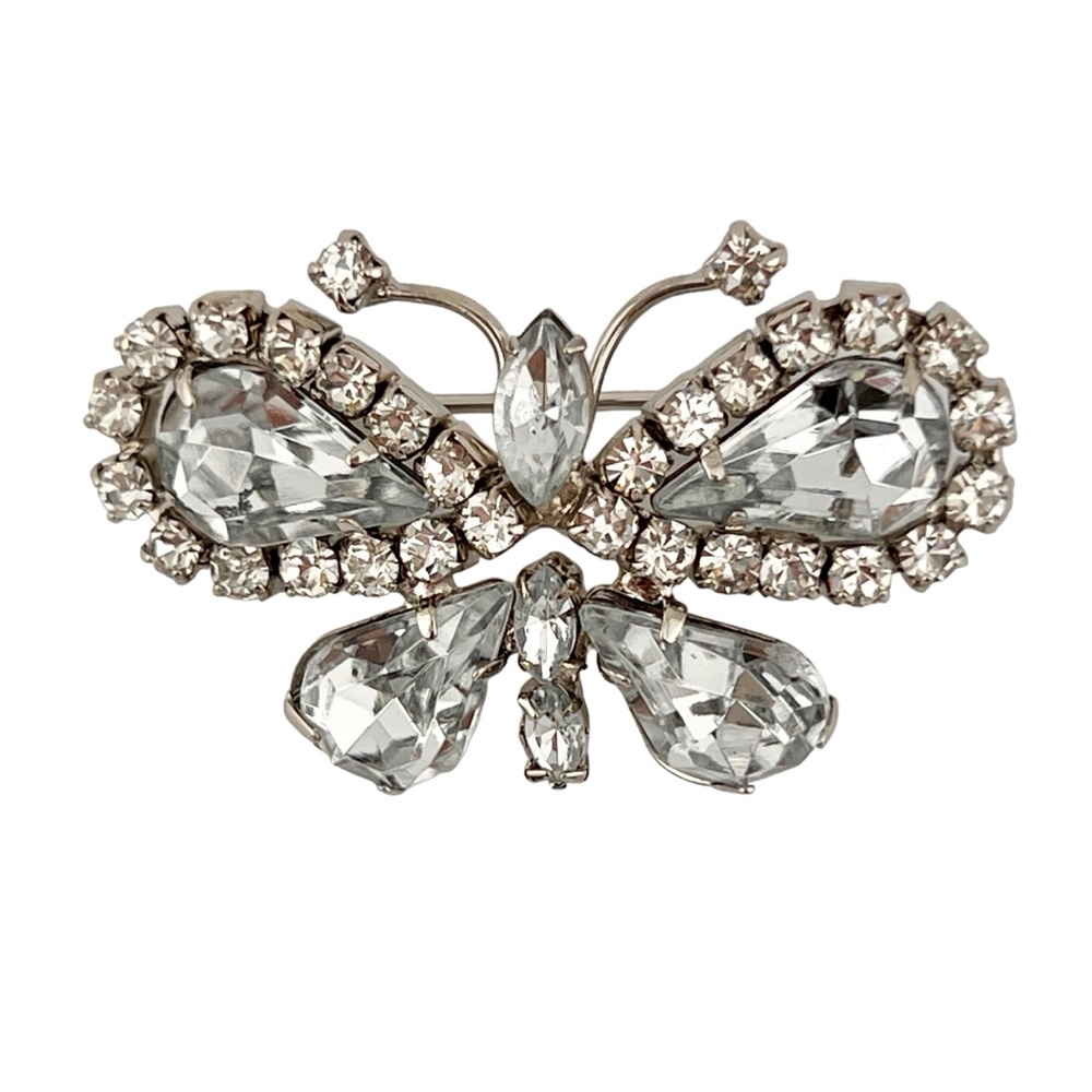 1950s Art Deco Clear Crystal Diamante Butterfly Shaped Silver Tone Brooch